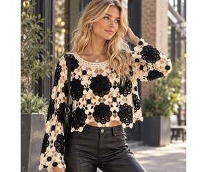 American Flirt Black Ivory Floral Crochet Sweater Top S Boho Festival Indie